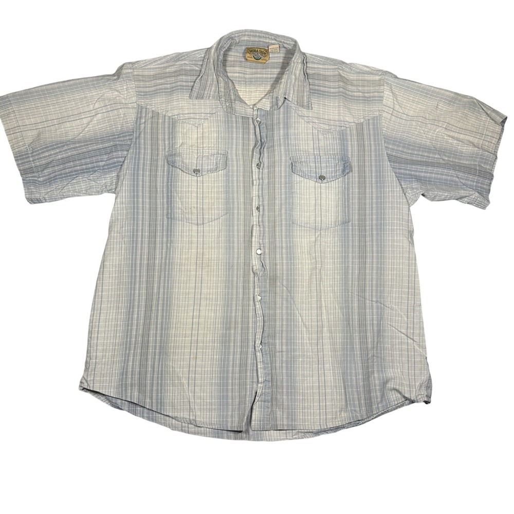 Moda Tech Mens XXL Blue White Plaid Pearl Snap Western Short Sleeve Cotton Shirt